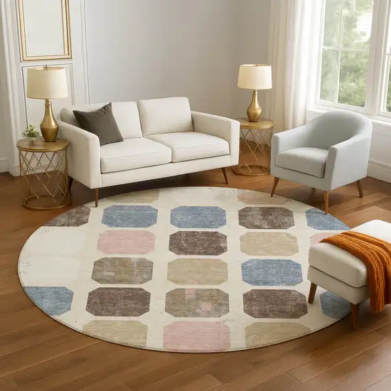 8' Linen Ivory And Brown Geometric Washable Round Rug With UV Protection Photo 5