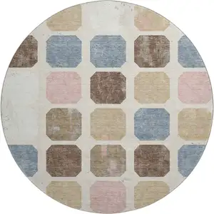 Photo of 8' Linen Ivory And Brown Geometric Washable Round Rug With UV Protection