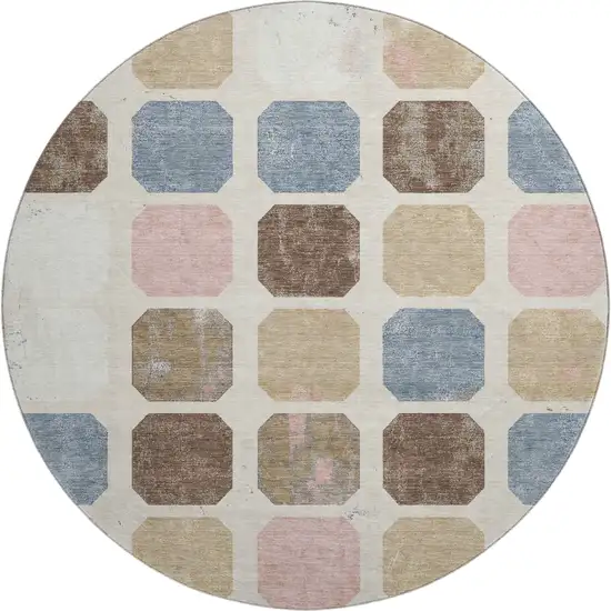 8' Linen Ivory And Brown Geometric Washable Round Rug With UV Protection Photo 1