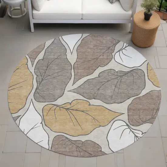 8' Linen Ivory And Brown Round Botanical Leaves Washable Indoor Outdoor Area Rug Photo 8