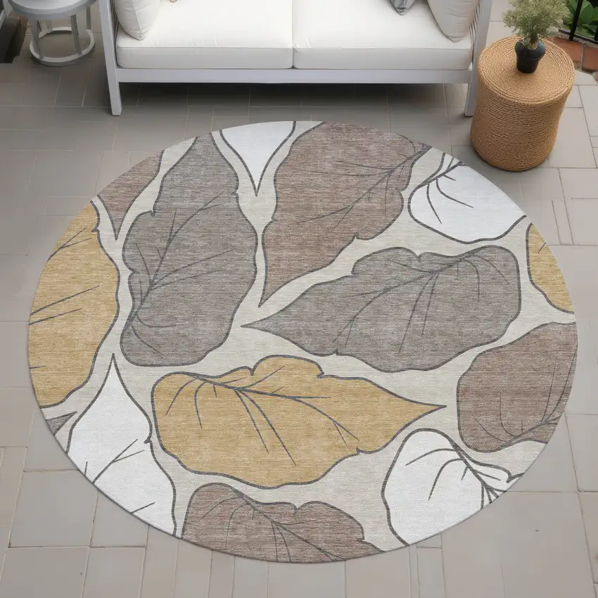 8' Linen Ivory And Brown Round Botanical Leaves Washable Indoor Outdoor Area Rug Photo 8