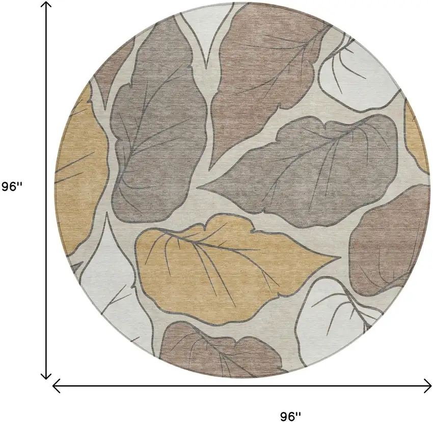 8' Linen Ivory And Brown Round Botanical Leaves Washable Indoor Outdoor Area Rug Photo 3