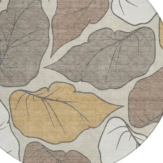 8' Linen Ivory And Brown Round Botanical Leaves Washable Indoor Outdoor Area Rug Photo 7