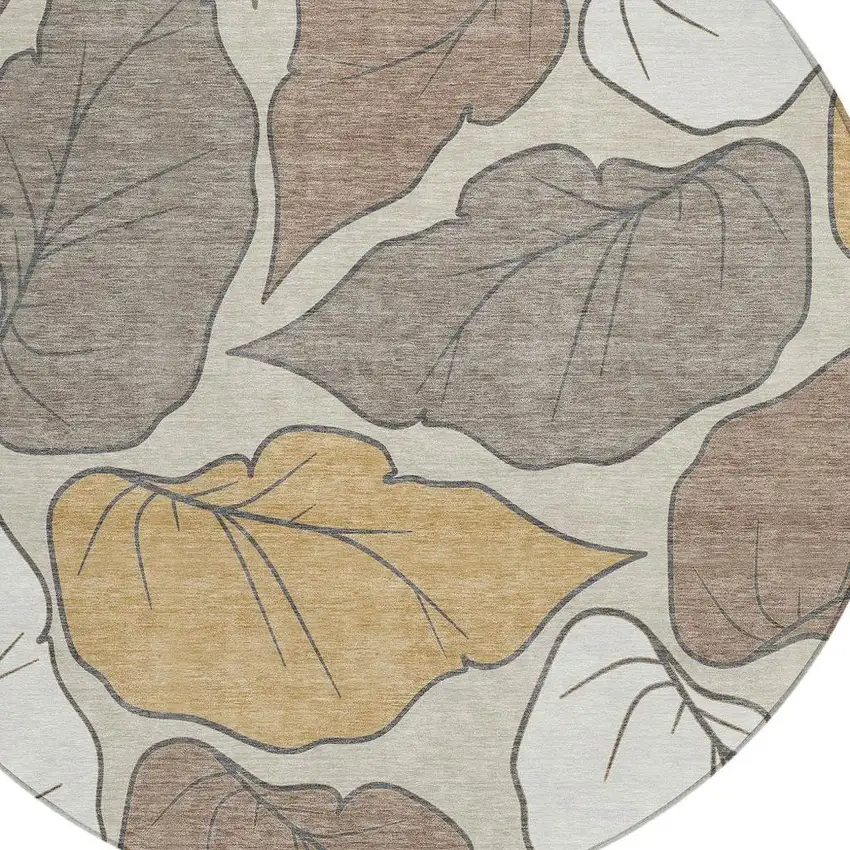 8' Linen Ivory And Brown Round Botanical Leaves Washable Indoor Outdoor Area Rug Photo 7