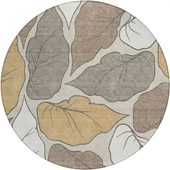 8' Linen Ivory And Brown Round Botanical Leaves Washable Indoor Outdoor Area Rug Photo 2