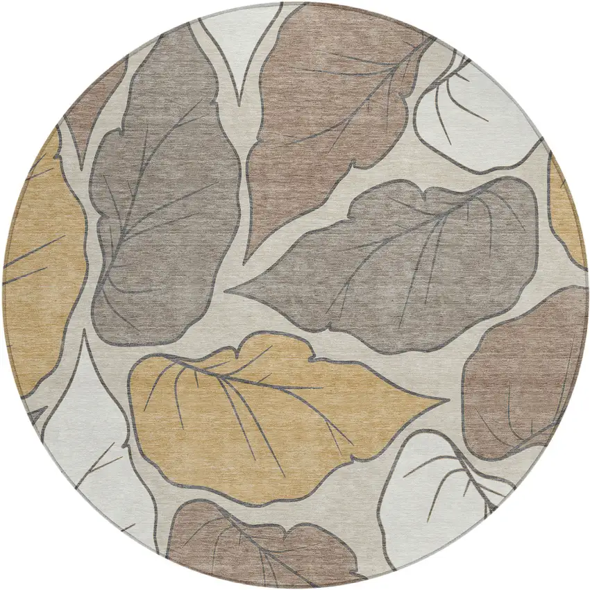 8' Linen Ivory And Brown Round Botanical Leaves Washable Indoor Outdoor Area Rug Photo 2