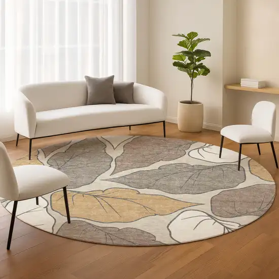 8' Linen Ivory And Brown Round Botanical Leaves Washable Indoor Outdoor Area Rug Photo 9