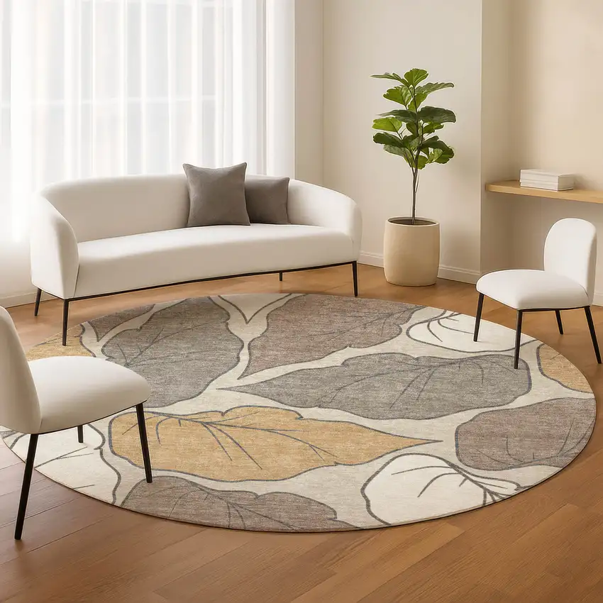 8' Linen Ivory And Brown Round Botanical Leaves Washable Indoor Outdoor Area Rug Photo 9