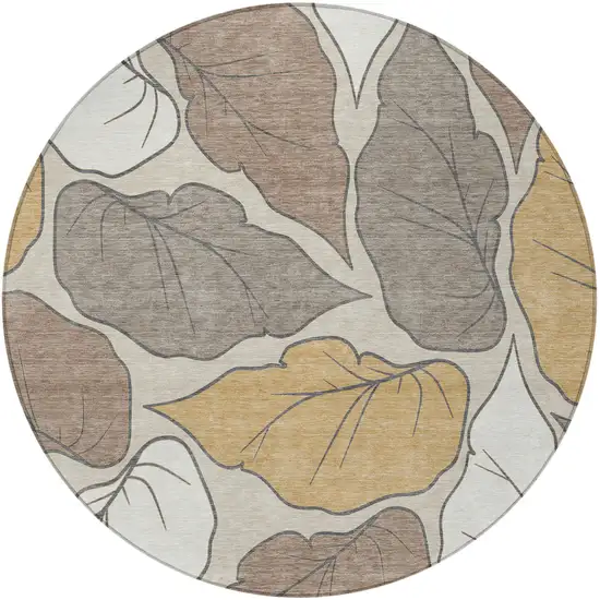 8' Linen Ivory And Brown Round Botanical Leaves Washable Indoor Outdoor Area Rug Photo 4