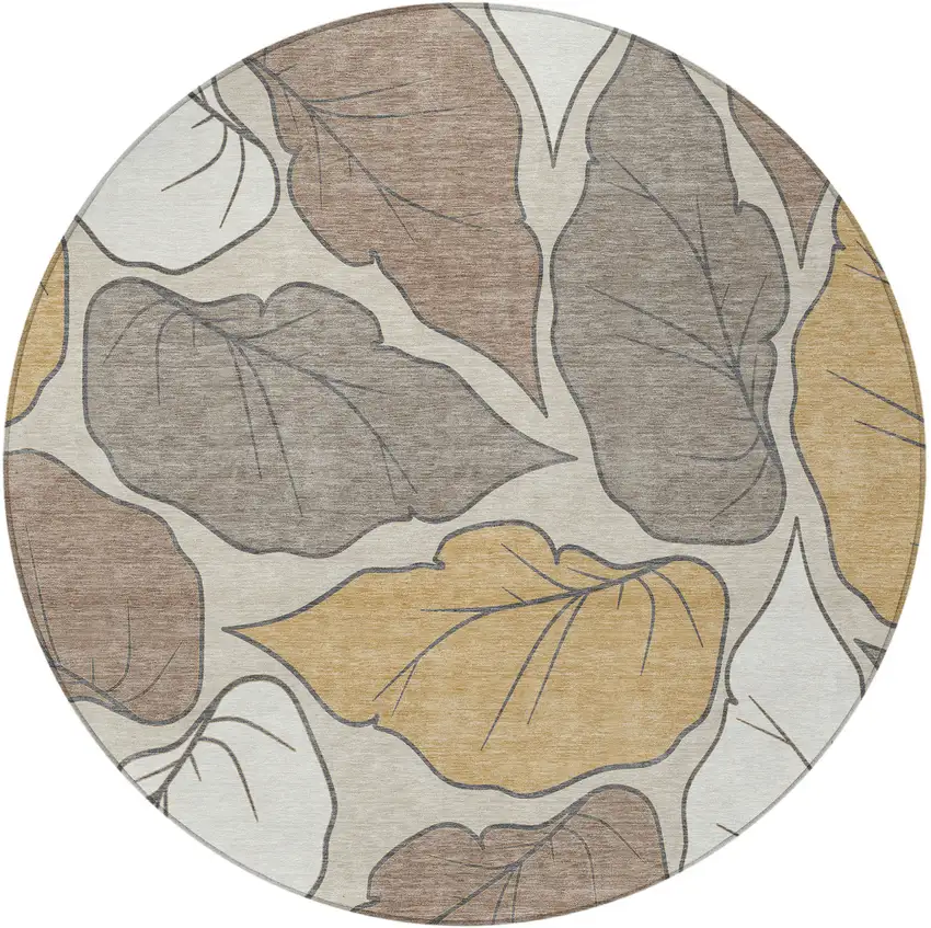 8' Linen Ivory And Brown Round Botanical Leaves Washable Indoor Outdoor Area Rug Photo 4