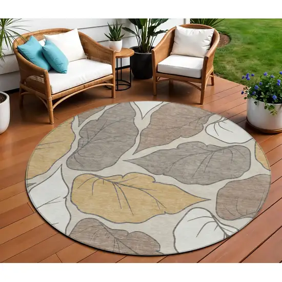 8' Linen Ivory And Brown Round Botanical Leaves Washable Indoor Outdoor Area Rug Photo 1