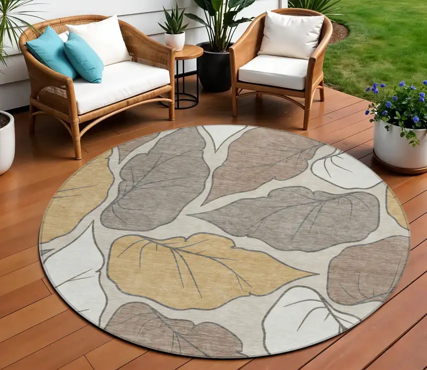 8' Linen Ivory And Brown Round Botanical Leaves Washable Indoor Outdoor Area Rug Photo 1