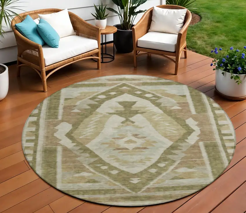 8' Linen Ivory And Brown Round Tribal Washable Indoor Outdoor Area Rug Photo 2