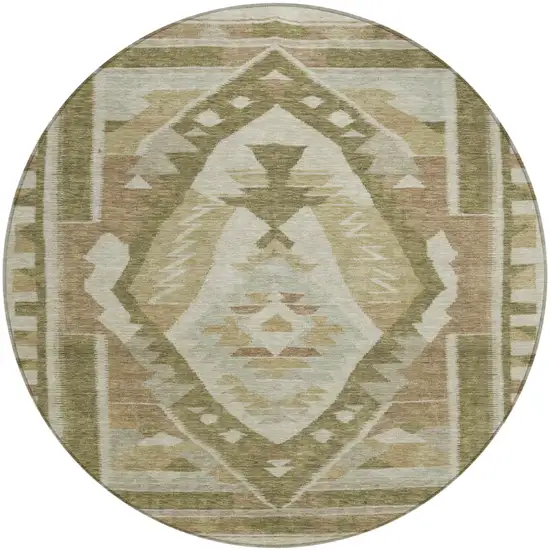 8' Linen Ivory And Brown Round Tribal Washable Indoor Outdoor Area Rug Photo 1