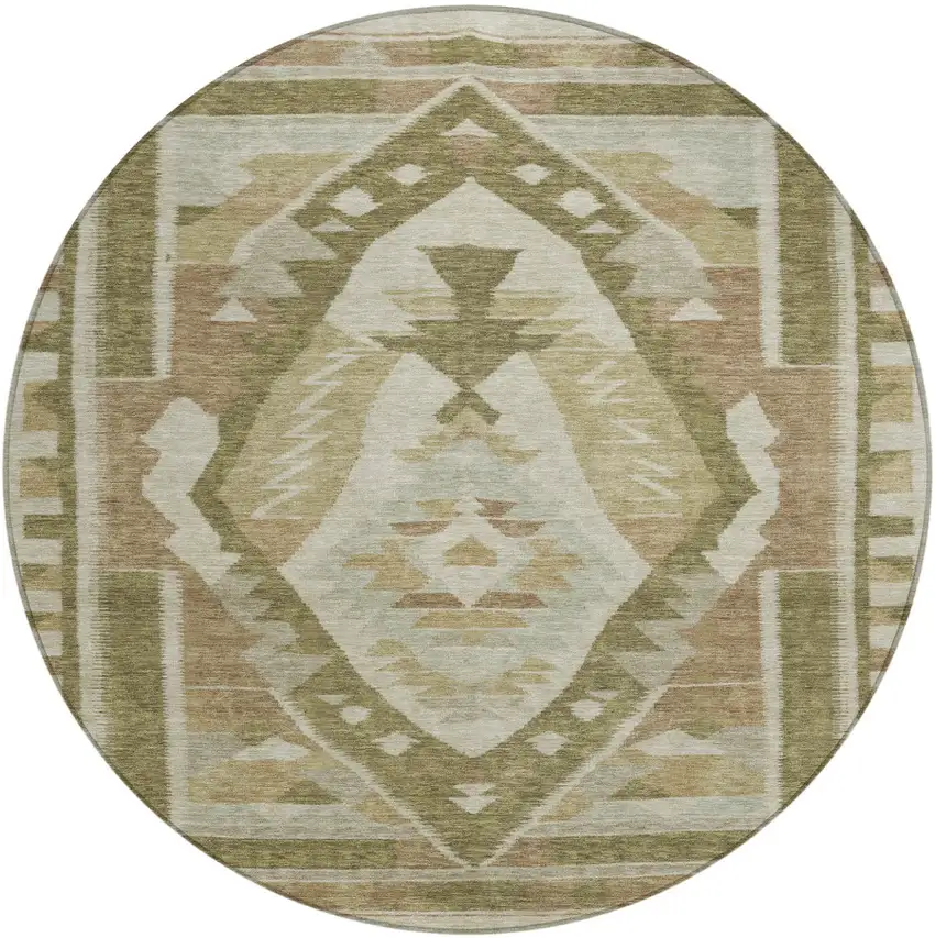 8' Linen Ivory And Brown Round Tribal Washable Indoor Outdoor Area Rug Photo 1