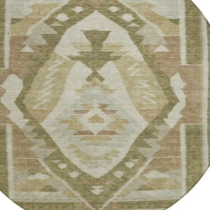 8' Linen Ivory And Brown Round Tribal Washable Indoor Outdoor Area Rug Photo 9