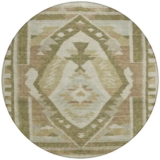 8' Linen Ivory And Brown Round Tribal Washable Indoor Outdoor Area Rug Photo 3