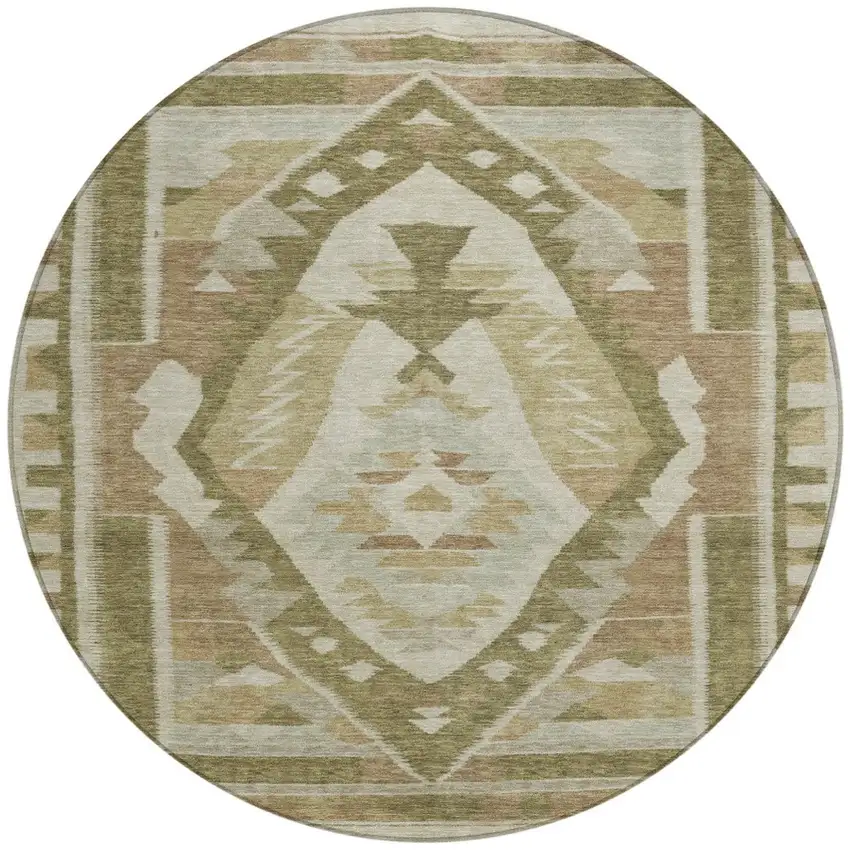 8' Linen Ivory And Brown Round Tribal Washable Indoor Outdoor Area Rug Photo 3