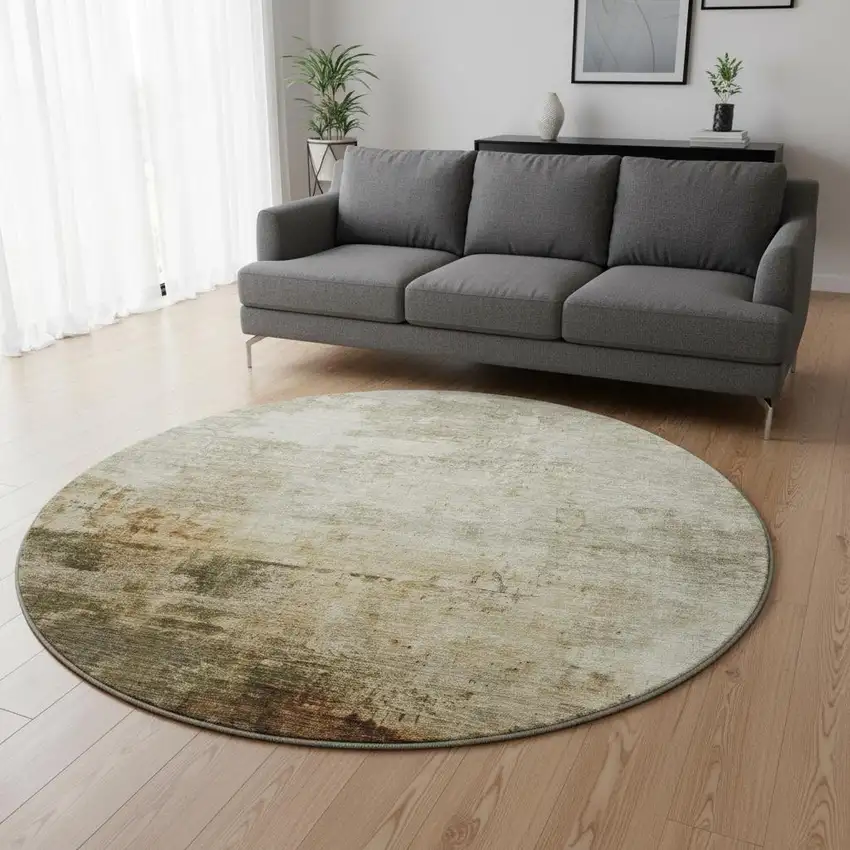 8' Linen Ivory And Copper Abstract Washable Round Rug With UV Protection Photo 2