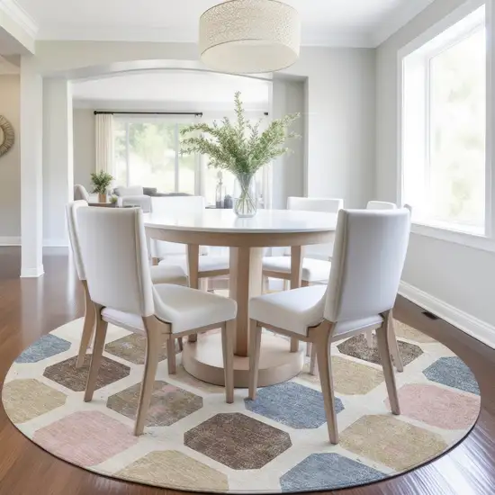 8' Linen Ivory And Denim Blue Round Geometric Washable Indoor Outdoor Area Rug Photo 7