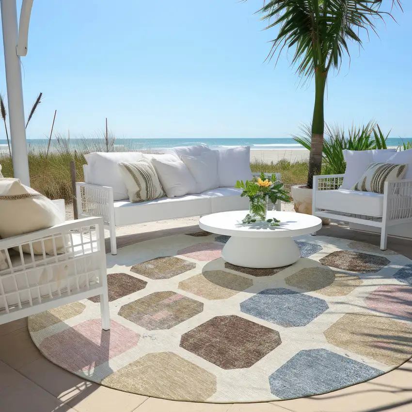 8' Linen Ivory And Denim Blue Round Geometric Washable Indoor Outdoor Area Rug Photo 6