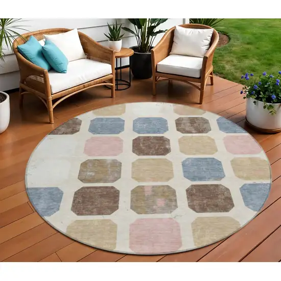 8' Linen Ivory And Denim Blue Round Geometric Washable Indoor Outdoor Area Rug Photo 2