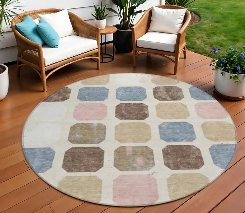 8' Linen Ivory And Denim Blue Round Geometric Washable Indoor Outdoor Area Rug Photo 2