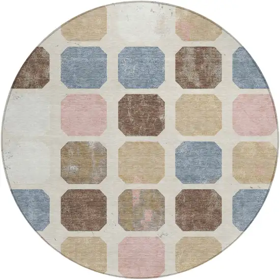 8' Linen Ivory And Denim Blue Round Geometric Washable Indoor Outdoor Area Rug Photo 1