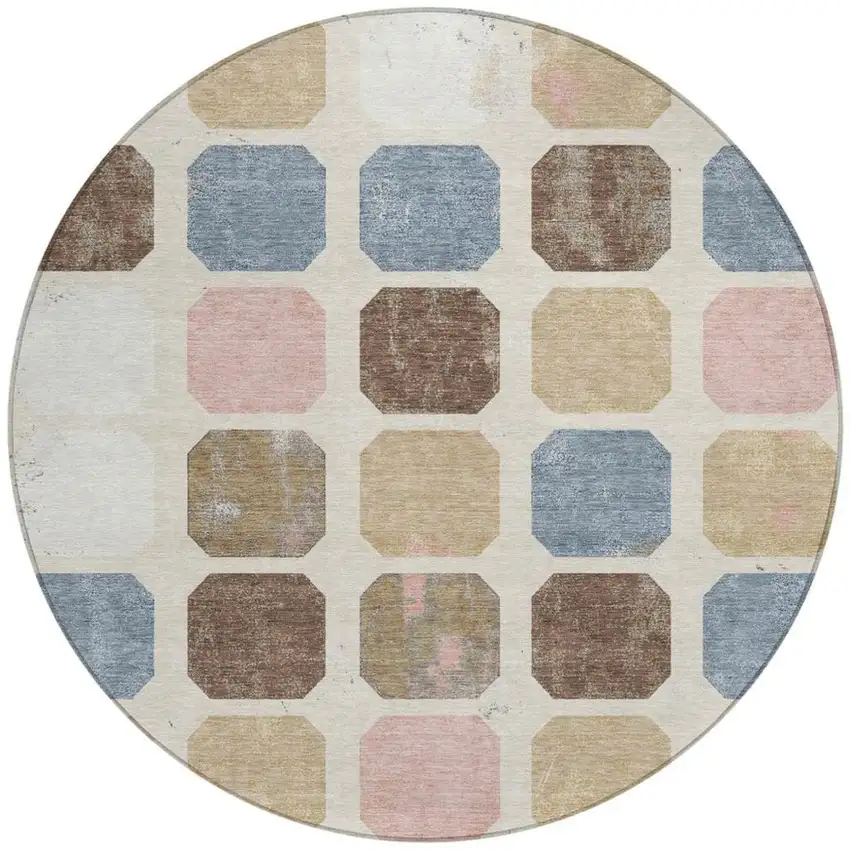 8' Linen Ivory And Denim Blue Round Geometric Washable Indoor Outdoor Area Rug Photo 3