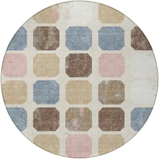 8' Linen Ivory And Denim Blue Round Geometric Washable Indoor Outdoor Area Rug Photo 4