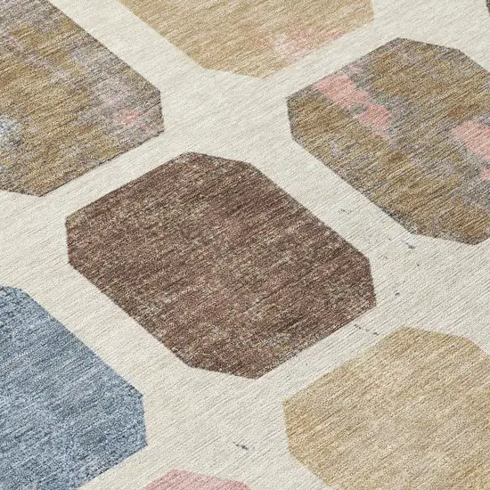 8' Linen Ivory And Denim Blue Round Geometric Washable Indoor Outdoor Area Rug Photo 9