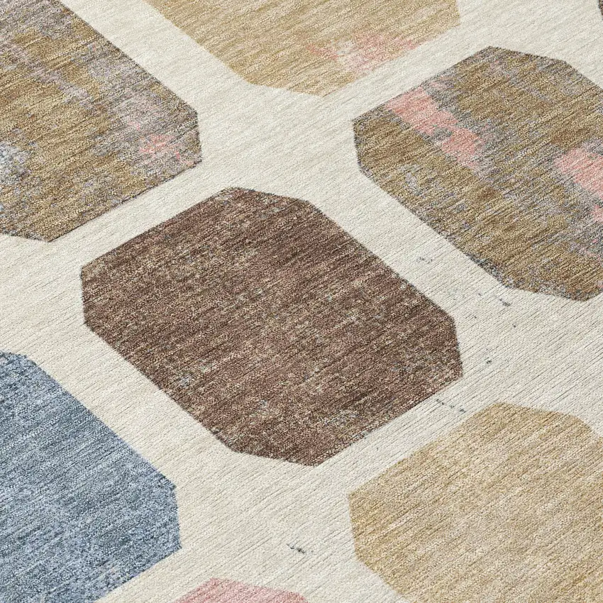 8' Linen Ivory And Denim Blue Round Geometric Washable Indoor Outdoor Area Rug Photo 9