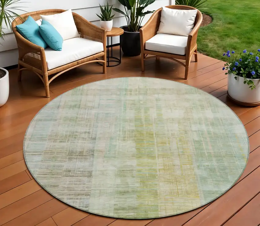 8' Linen Ivory And Gold Round Striped Washable Indoor Outdoor Area Rug Photo 2