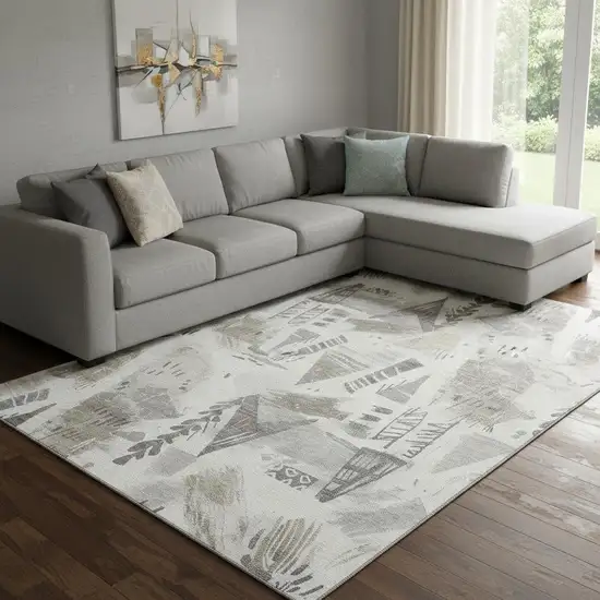 8' Linen Ivory And Gray Geometric Washable Area Rug With UV Protection Photo 2