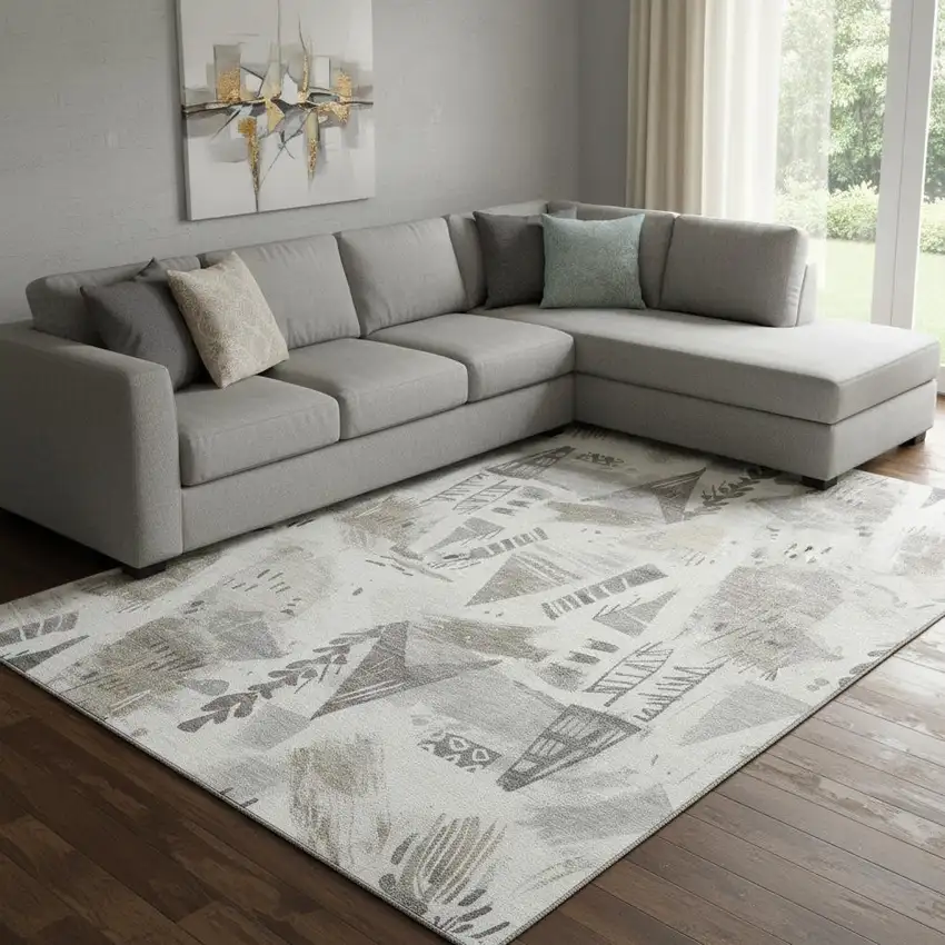 8' Linen Ivory And Gray Geometric Washable Area Rug With UV Protection Photo 2