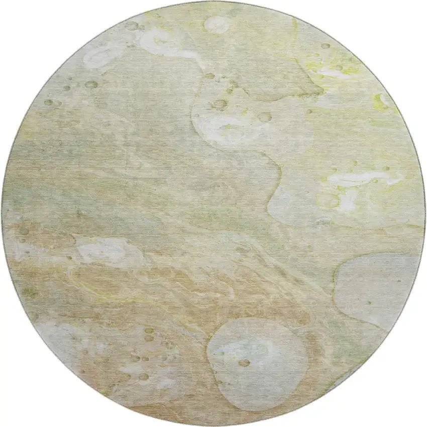 8' Linen Ivory And Green Abstract Washable Round Rug With UV Protection Photo 1