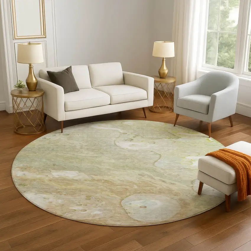 8' Linen Ivory And Green Abstract Washable Round Rug With UV Protection Photo 5