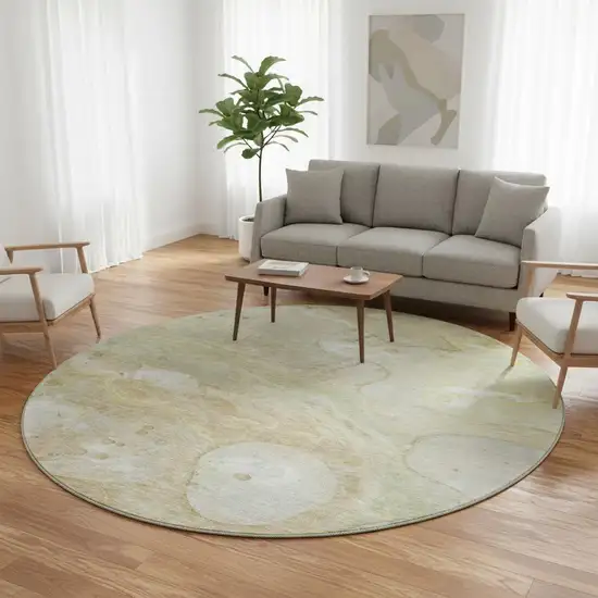 8' Linen Ivory And Green Abstract Washable Round Rug With UV Protection Photo 2
