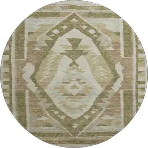 Photo of 8' Linen Ivory And Khaki Tribal Washable Round Rug With UV Protection