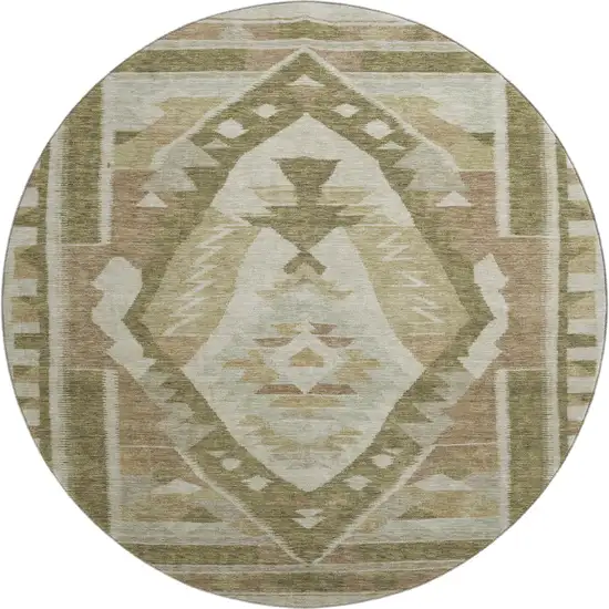 8' Linen Ivory And Khaki Tribal Washable Round Rug With UV Protection Photo 1