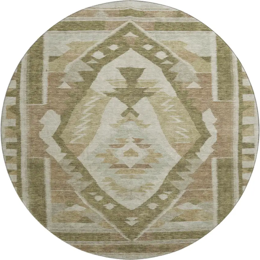 8' Linen Ivory And Khaki Tribal Washable Round Rug With UV Protection Photo 1