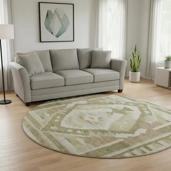 8' Linen Ivory And Khaki Tribal Washable Round Rug With UV Protection Photo 2