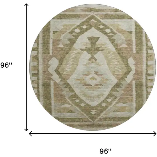 8' Linen Ivory And Khaki Tribal Washable Round Rug With UV Protection Photo 9