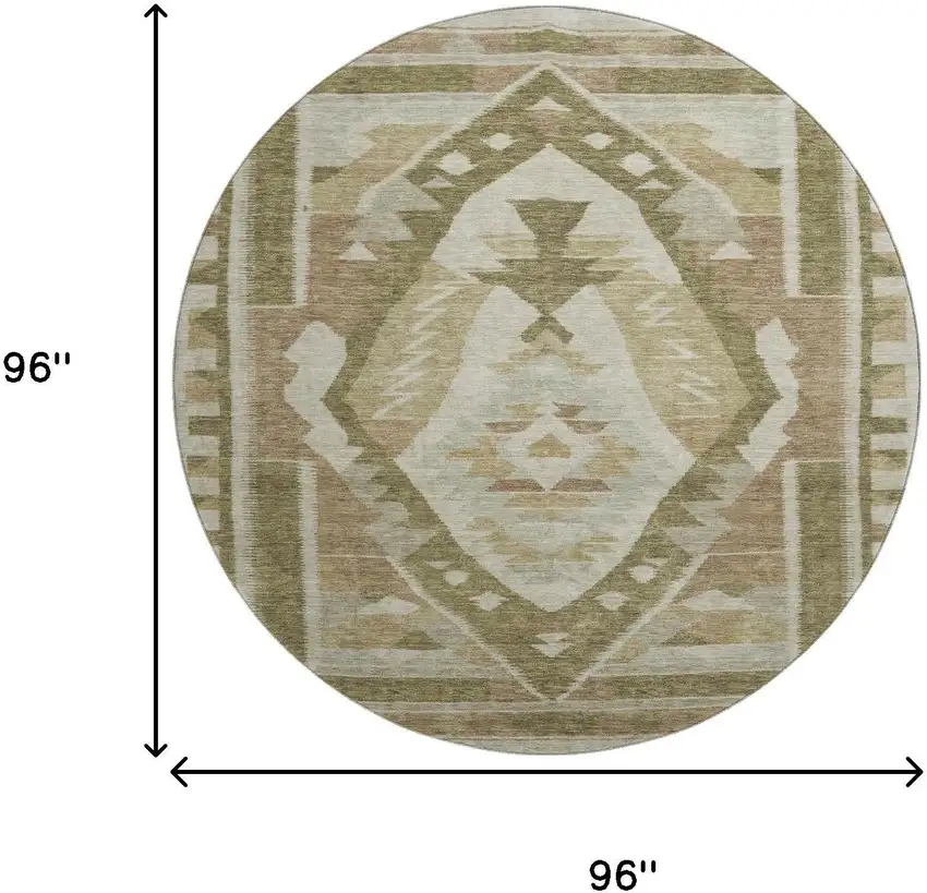 8' Linen Ivory And Khaki Tribal Washable Round Rug With UV Protection Photo 9