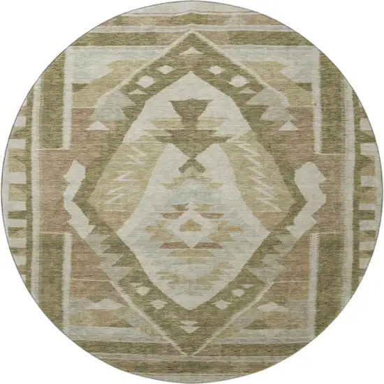 8' Linen Ivory And Khaki Tribal Washable Round Rug With UV Protection Photo 3