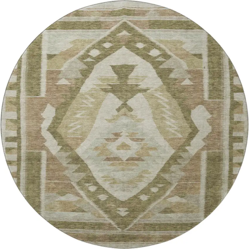 8' Linen Ivory And Khaki Tribal Washable Round Rug With UV Protection Photo 3