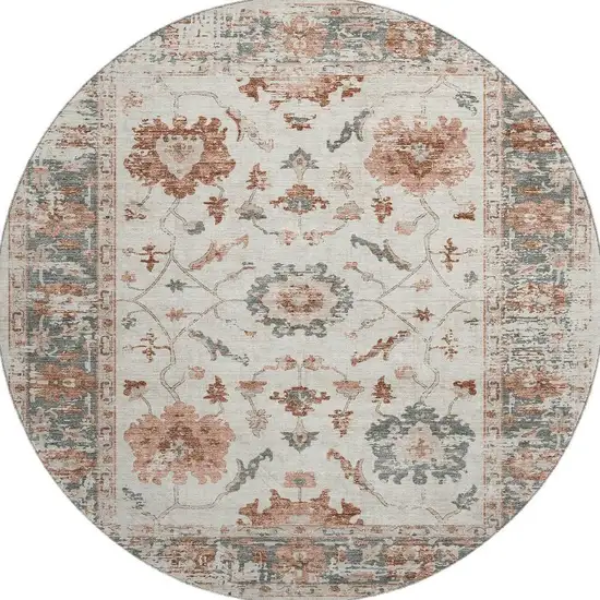8' Linen Ivory And Salmon Oriental Washable Round Rug With UV Protection Photo 3