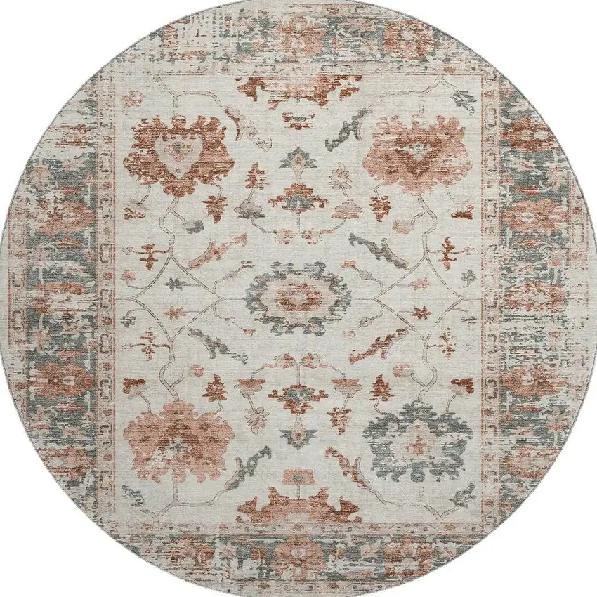 8' Linen Ivory And Salmon Oriental Washable Round Rug With UV Protection Photo 3