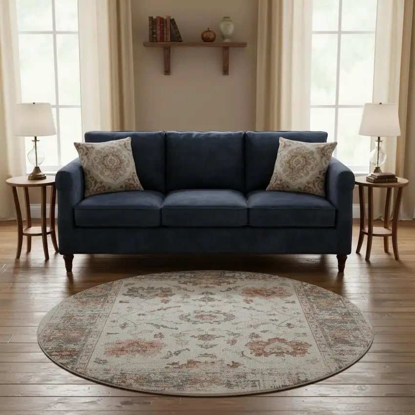 8' Linen Ivory And Salmon Oriental Washable Round Rug With UV Protection Photo 1