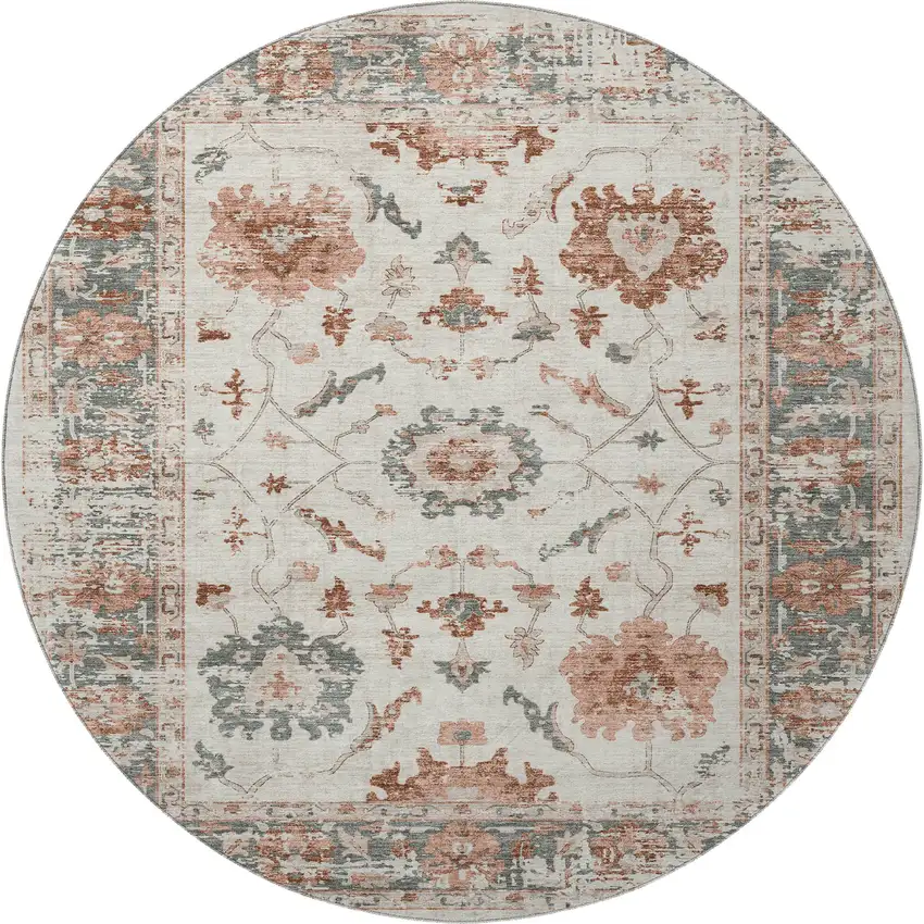 8' Linen Ivory And Salmon Oriental Washable Round Rug With UV Protection Photo 4